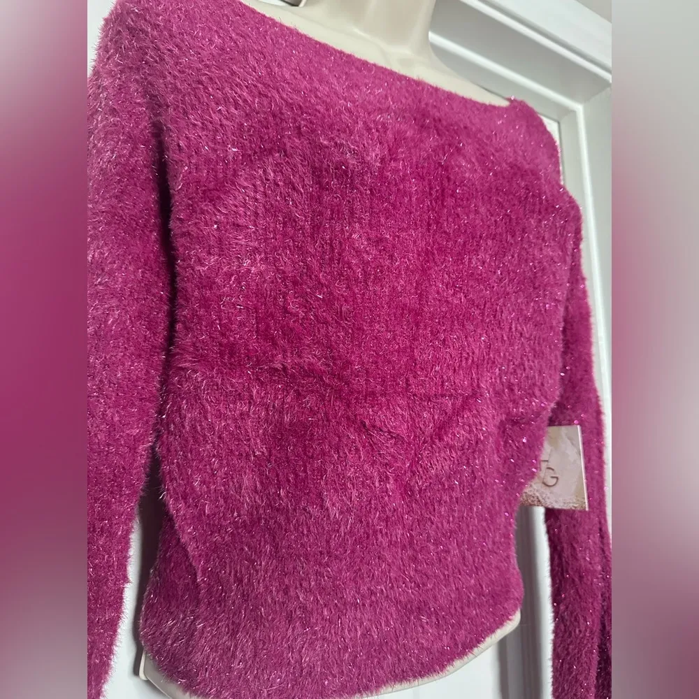 NWT Happily Grey Pink Fuzzy Metallic Y2K Long Sleeve 2000s Cute Fitted Sweater Size M - Image 2