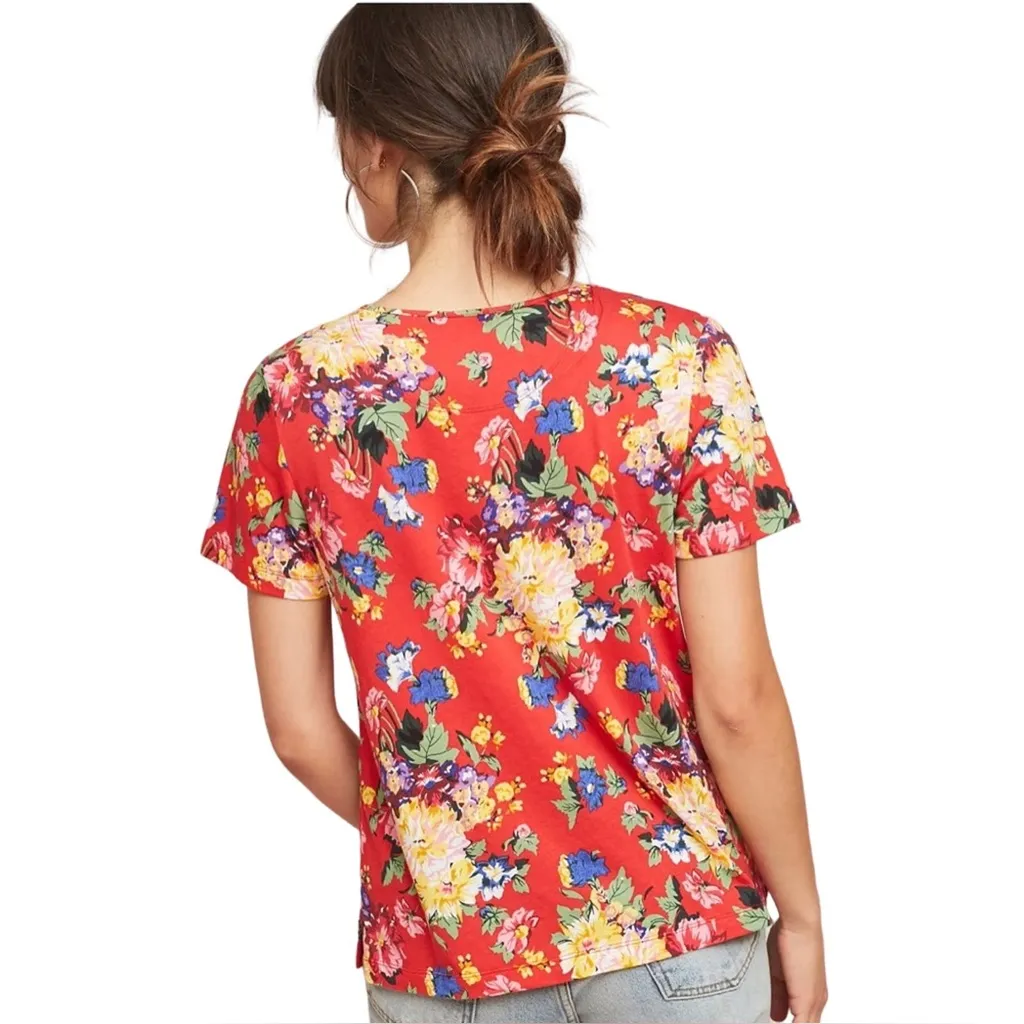 Maeve by Anthropologie Size S Clemente Red Floral Short Sleeve Tie-Neck Blouse - Image 2