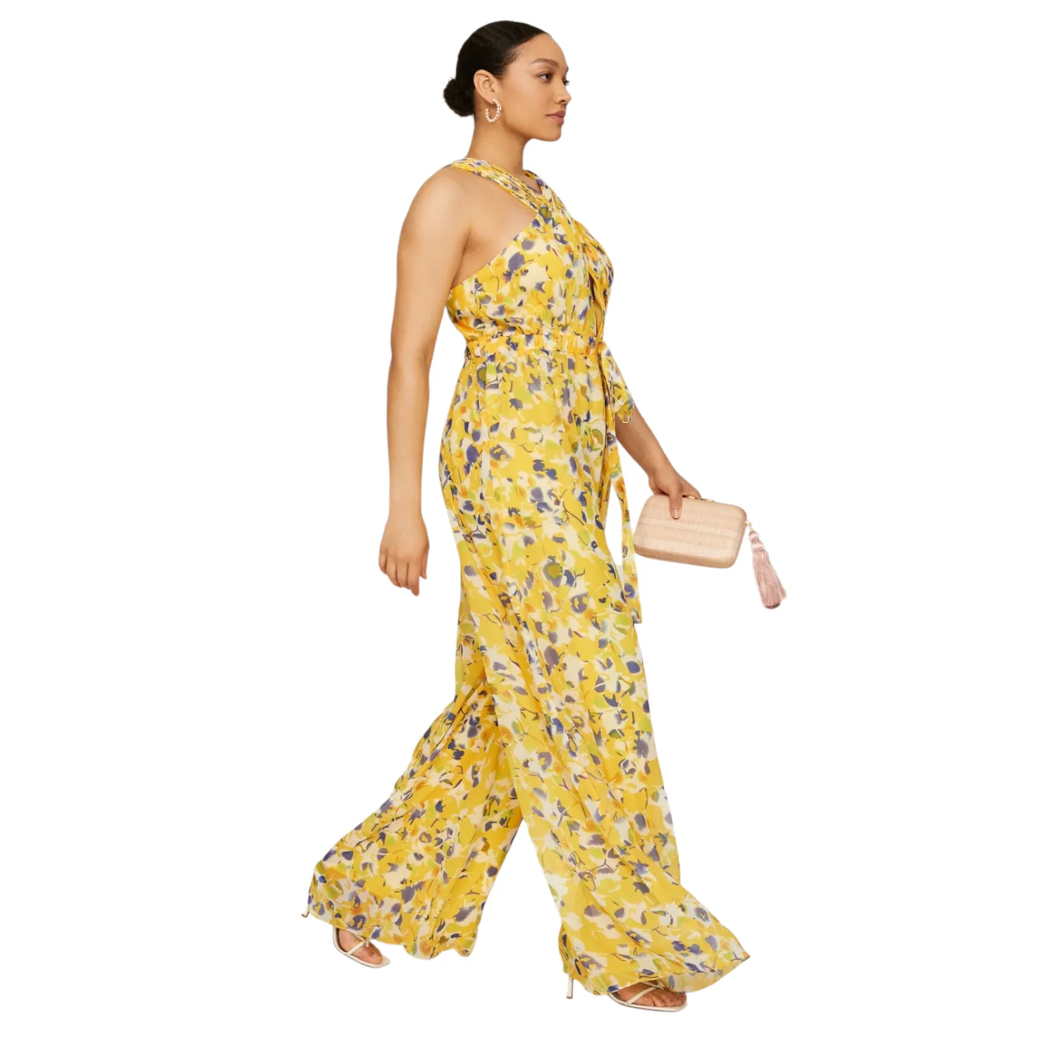 Mac Duggal Womens Halter Neck Wide Leg Jumpsuit Sz 4 Yellow Floral Resort Chic - Image 3