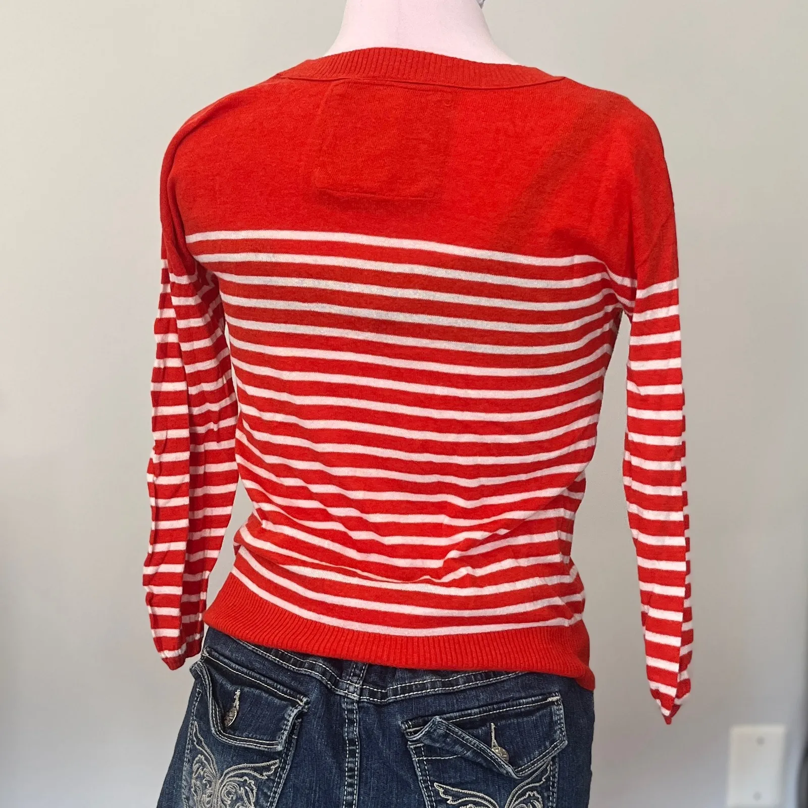 Abercrombie | 3/4 Sleeve Orange White Stripe Lightweight Sweater Shirt | Size M - Image 4