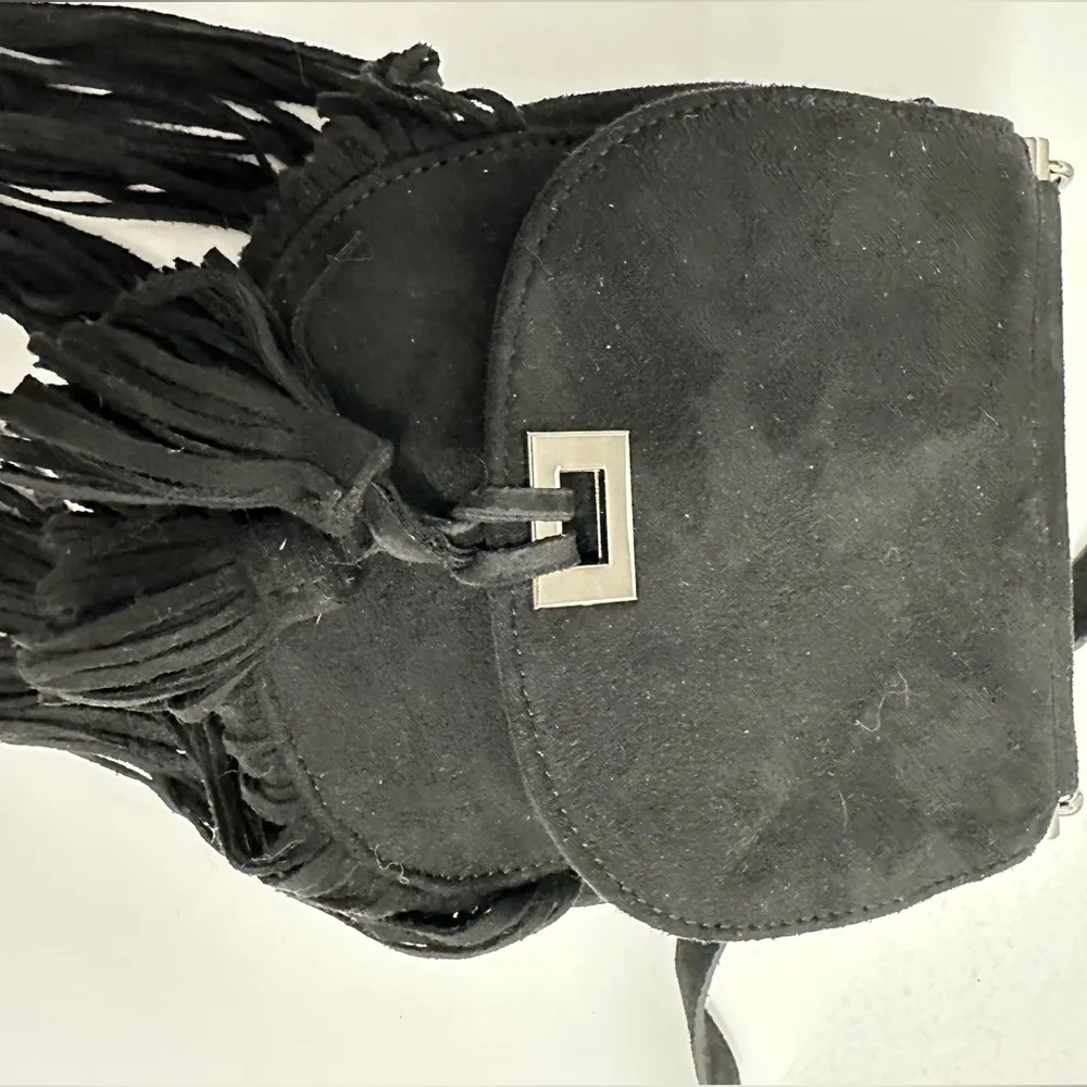 Black Suede Fringe Mini Crossbody Bag Boho Festival Style - Image 7