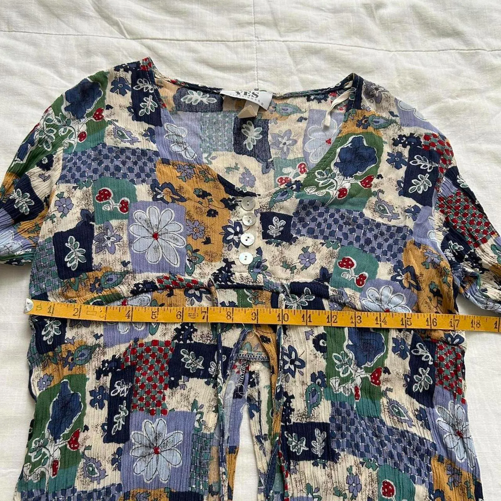 Y2K paper tag vintage Whimsical patchwork print long sleeve top open front Blue - Image 6