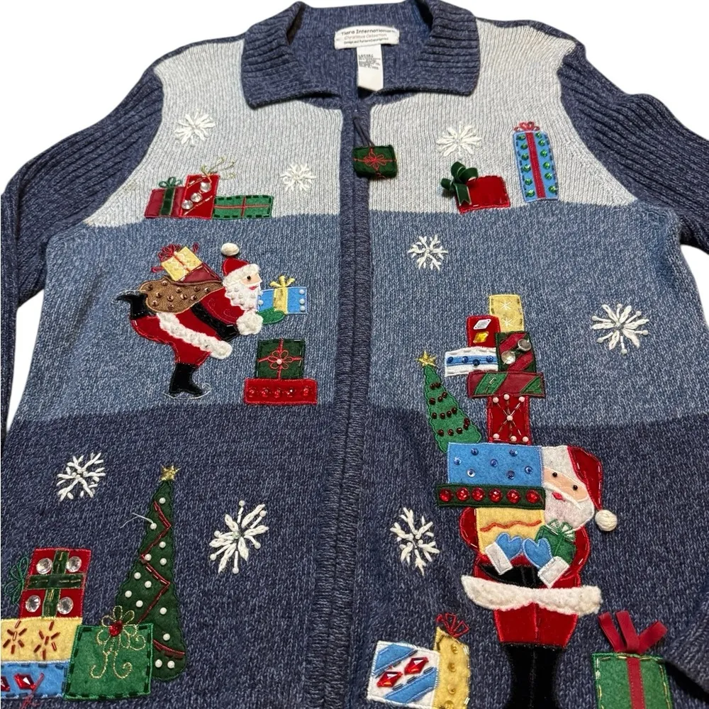 Tiara International Santa Claus Zip Up Cardigan Sequin Embellished Large - Image 2