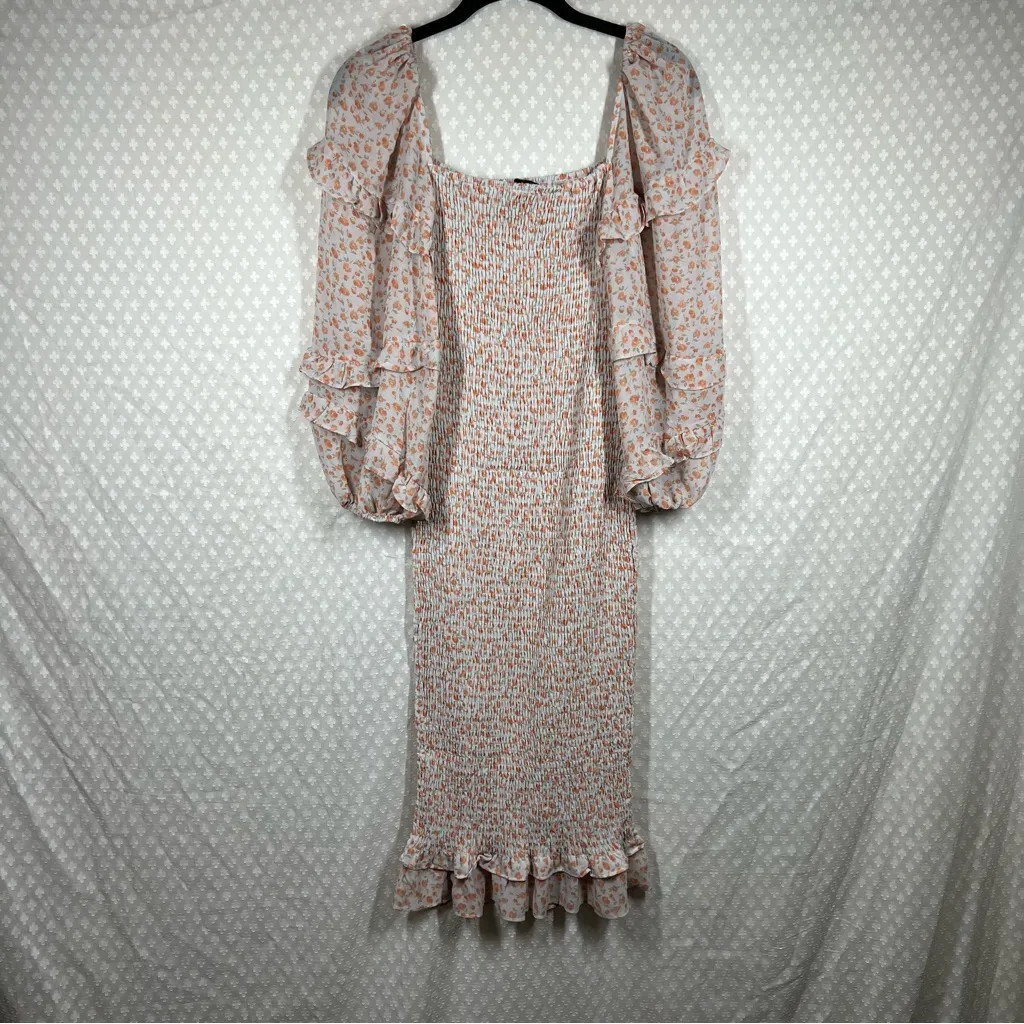 Petal‎ + Pup Orange White Smocked Puff Sleeve Midi Dress - Image 6