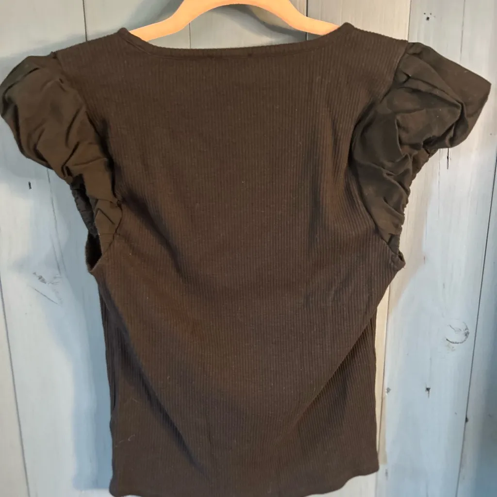 J. Crew Black Short Sleeve Top with Puff Sleeves Ruffle Detail - Image 4