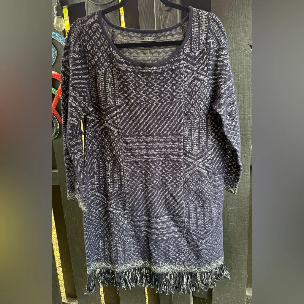 Lucky Brand Fringe Jacquard Mini Sweater Dress Long Sleeves Navy Size L NWT - Image 4