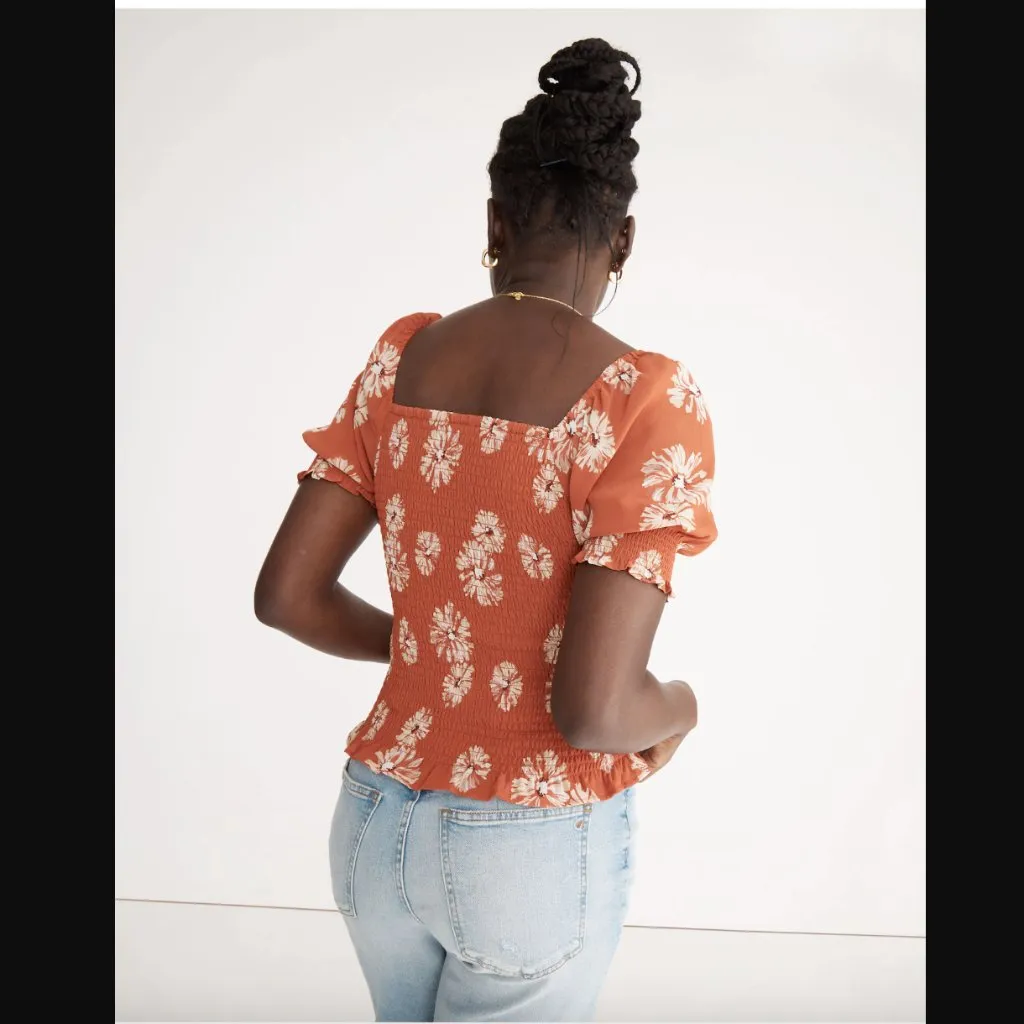 Madewell Georgette Lucie Puff-Sleeve Smocked Bodice Top in Moody Blooms S - Image 3