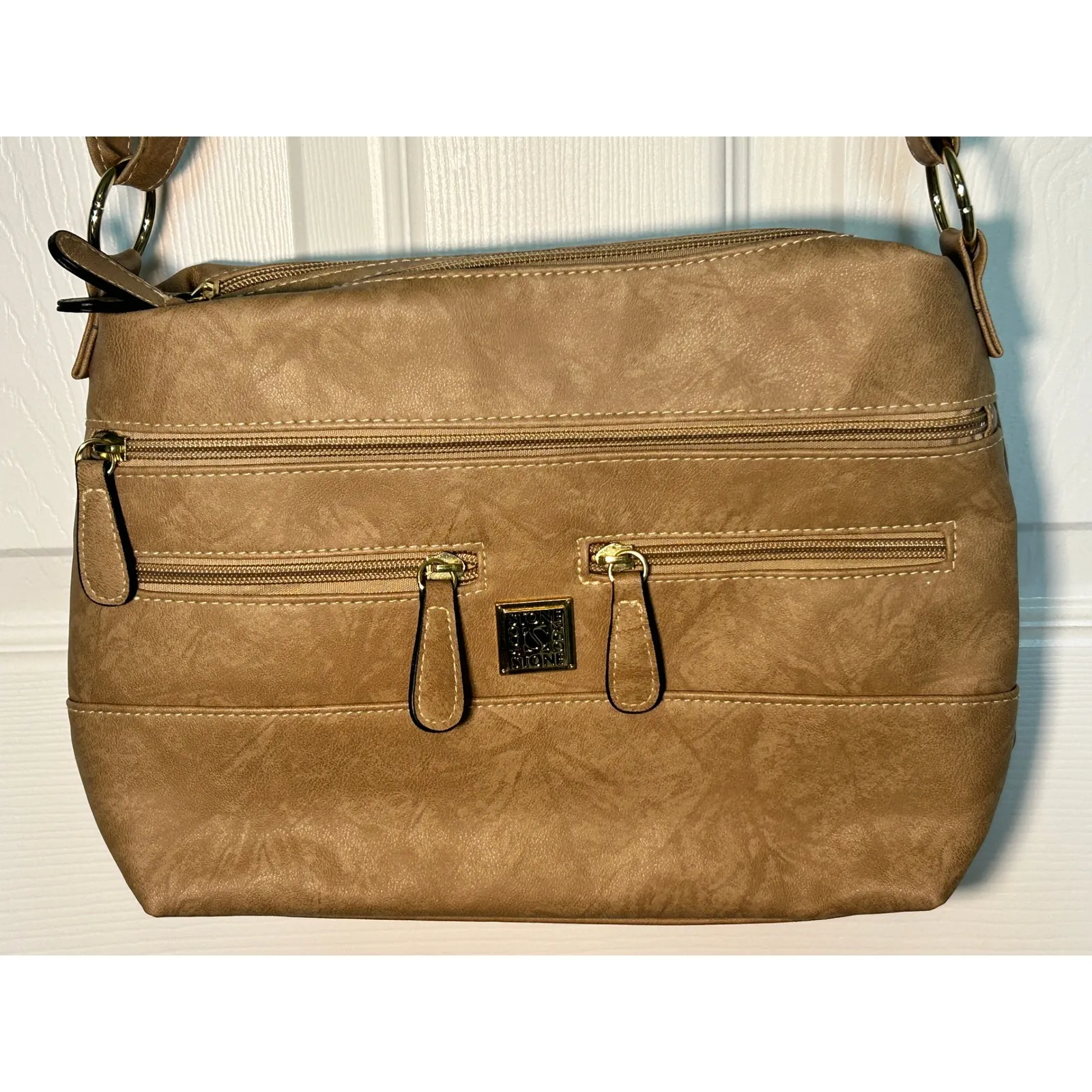 Stone & Co Crossbody Beige Tan Leather Shoulder Bag Multi Pocket‎ Travel Purse - Image 2