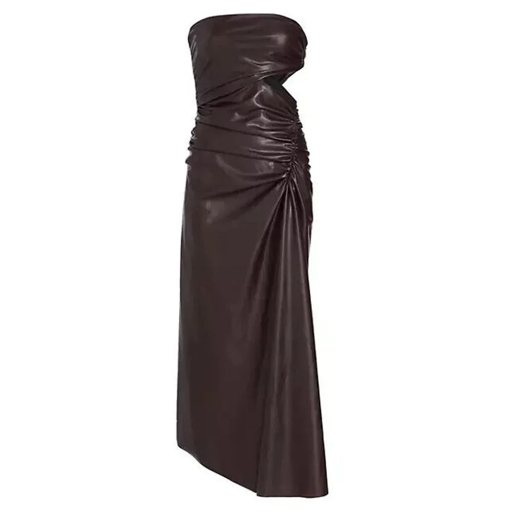 ALC Andie Faux Leather Strapless Midi Dress Cut Out Women's Brown Size 10 - Image 3