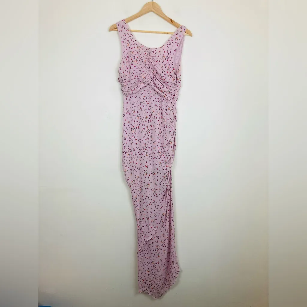 Nicholas 100% silk ruched high low purple pink floral maxi dress. Size 6. - Image 4