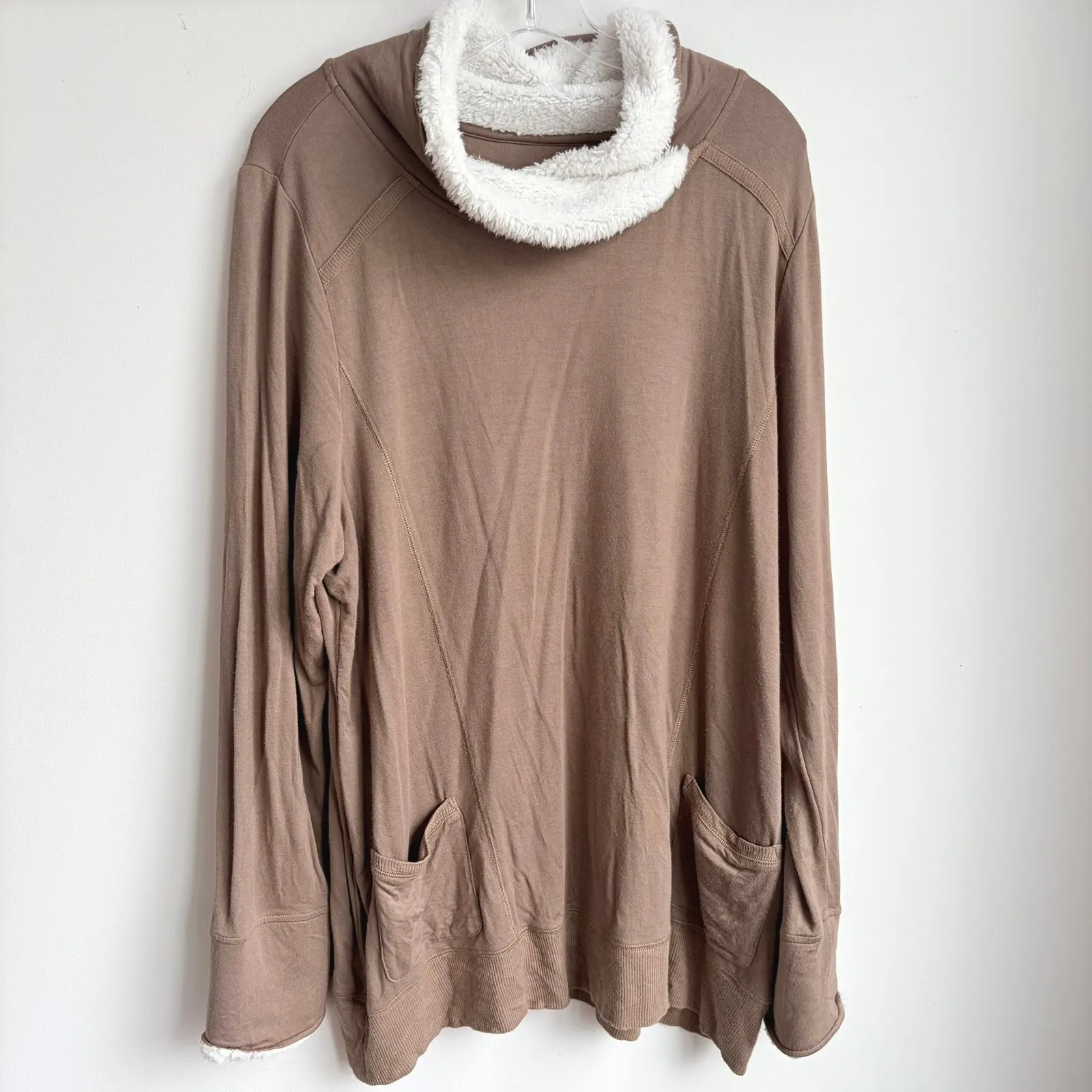 Soft Surroundings Forrester Sherpa Lined Cowl Neck Tunic 1X Taupe Pockets Cozy - Image 2