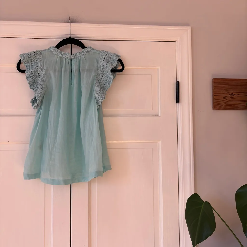 ULLA JOHNSON Kai Top Bryl Sky Blue Aqua Shirt Size 2 Cotton Crochet Flutter Slee - Image 11
