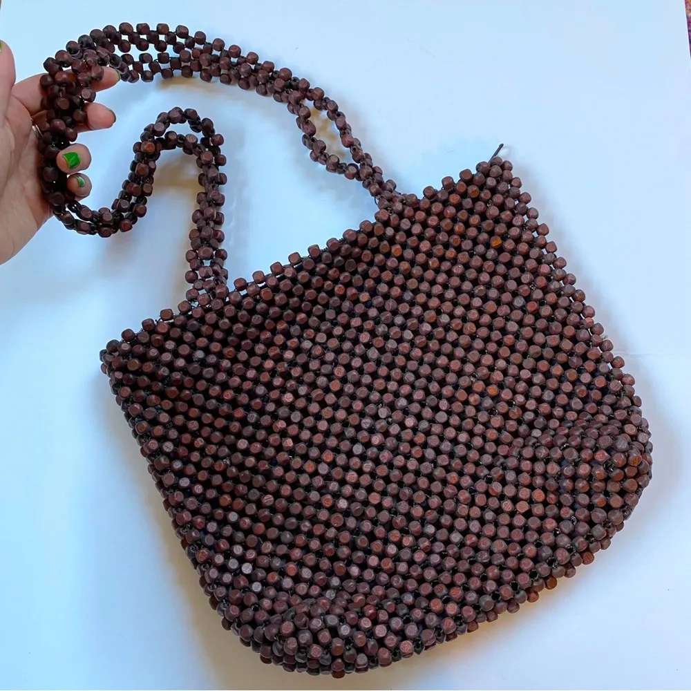 Vintage Handmade Wooden Bead Boho Hippie Purse - Image 2