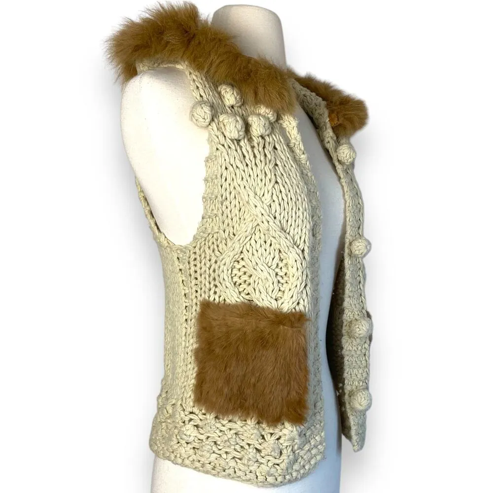 Hooded Boho Macrame Crochet Chunky Sweater Vest w Removable Faux Fur Collar Trim Brown Size M - Image 4