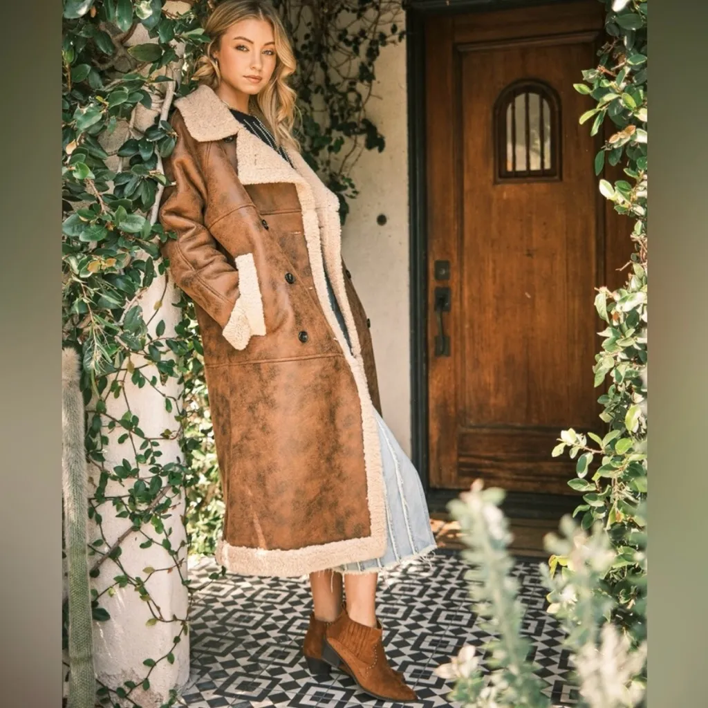 Faux leather teddy shearling long coat in chestnut Size M - Image 9