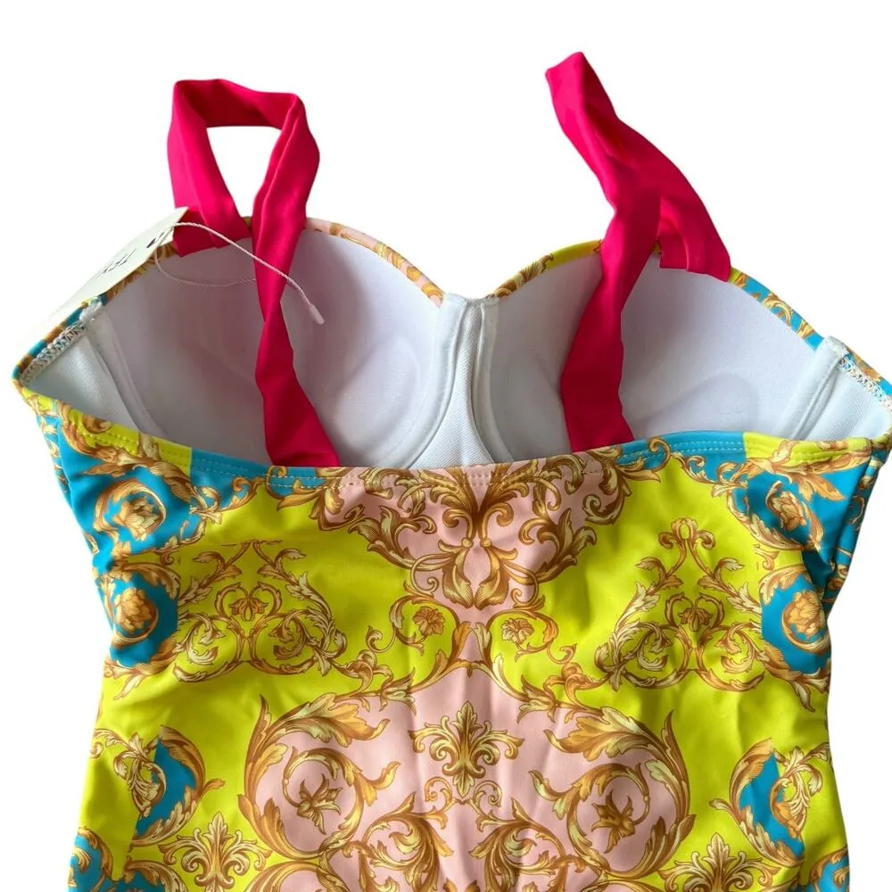 TFY Collection Grecian Scroll Print 1pc Bathing Suit Sz S Rhinestone Buckle NEW Yellow - Image 6