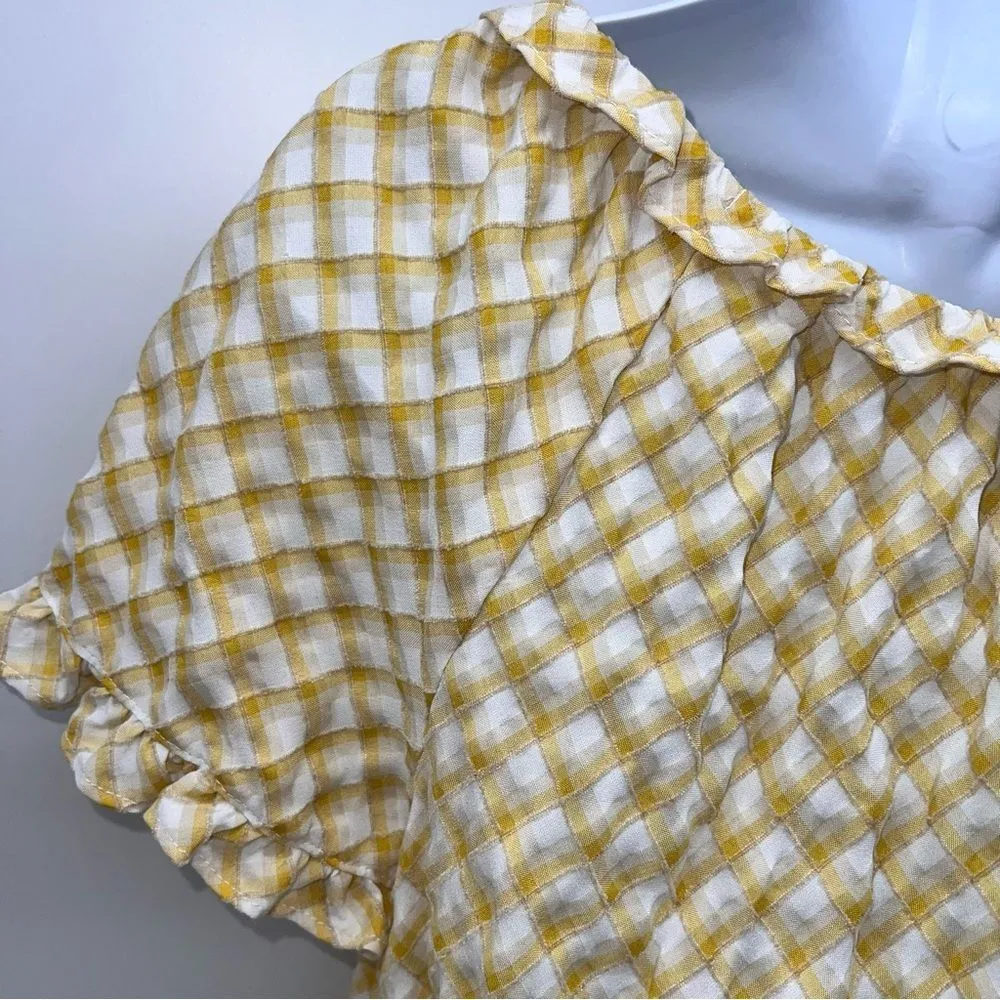 Max Studio Textured Blouse in Yellow/White Diagonal Plaid w/Ruffles & Ties-Sz L - Image 8