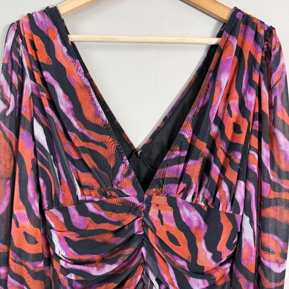 ASOS Zebra Print Plunge Long Sleeve Mini Dress Women's 10 Going Out Party Ruched - Image 9