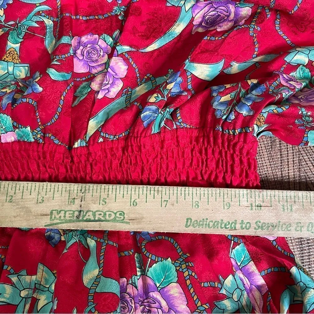 Vintage 80s Designer Diane Freis 100% Silk Beaded Plunge‎ Floral Midi Dress S M Red - Image 11