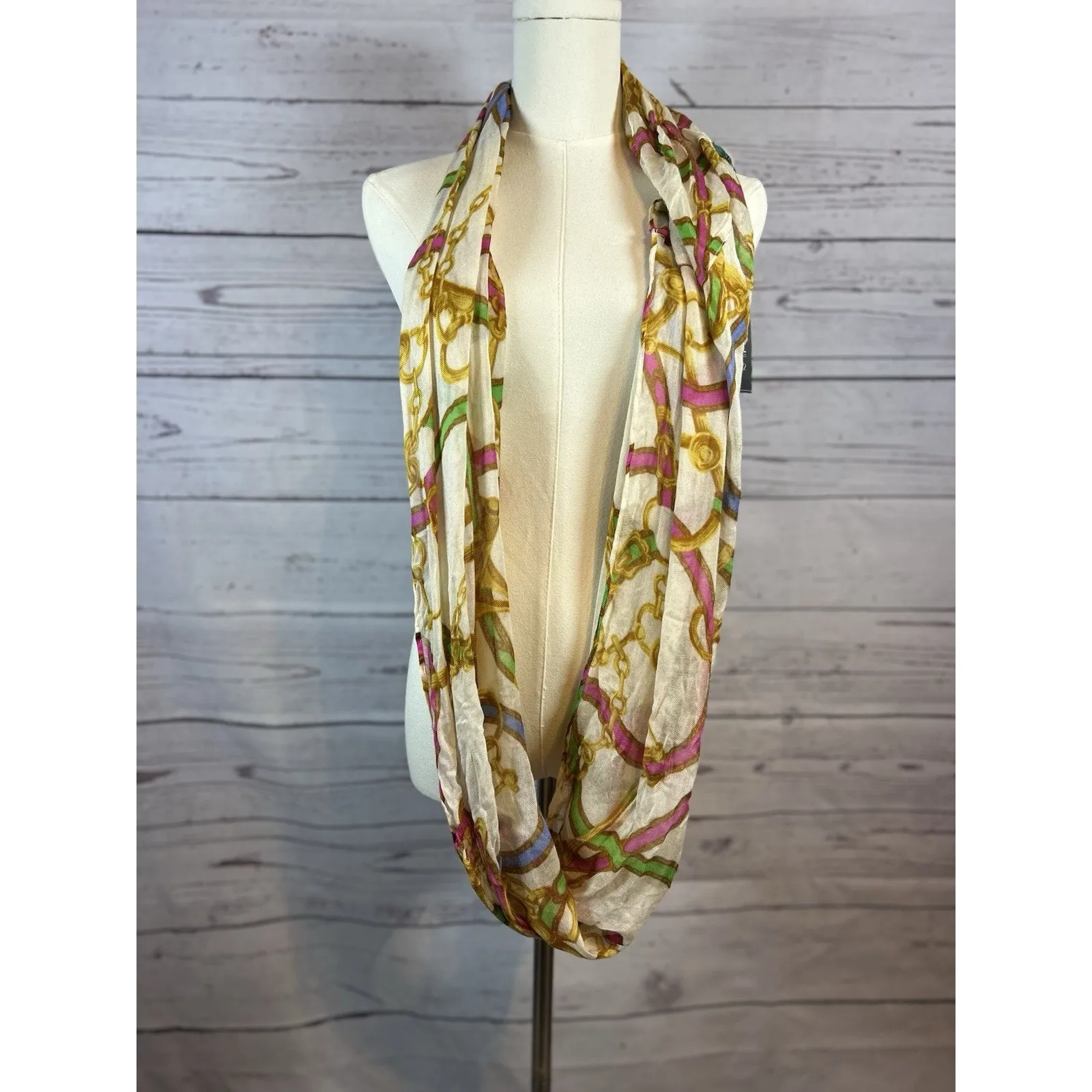 NWT Lauren Ralph Lauren Infinity Loop Scarf Cream Multicolor Chain Print - Image 2