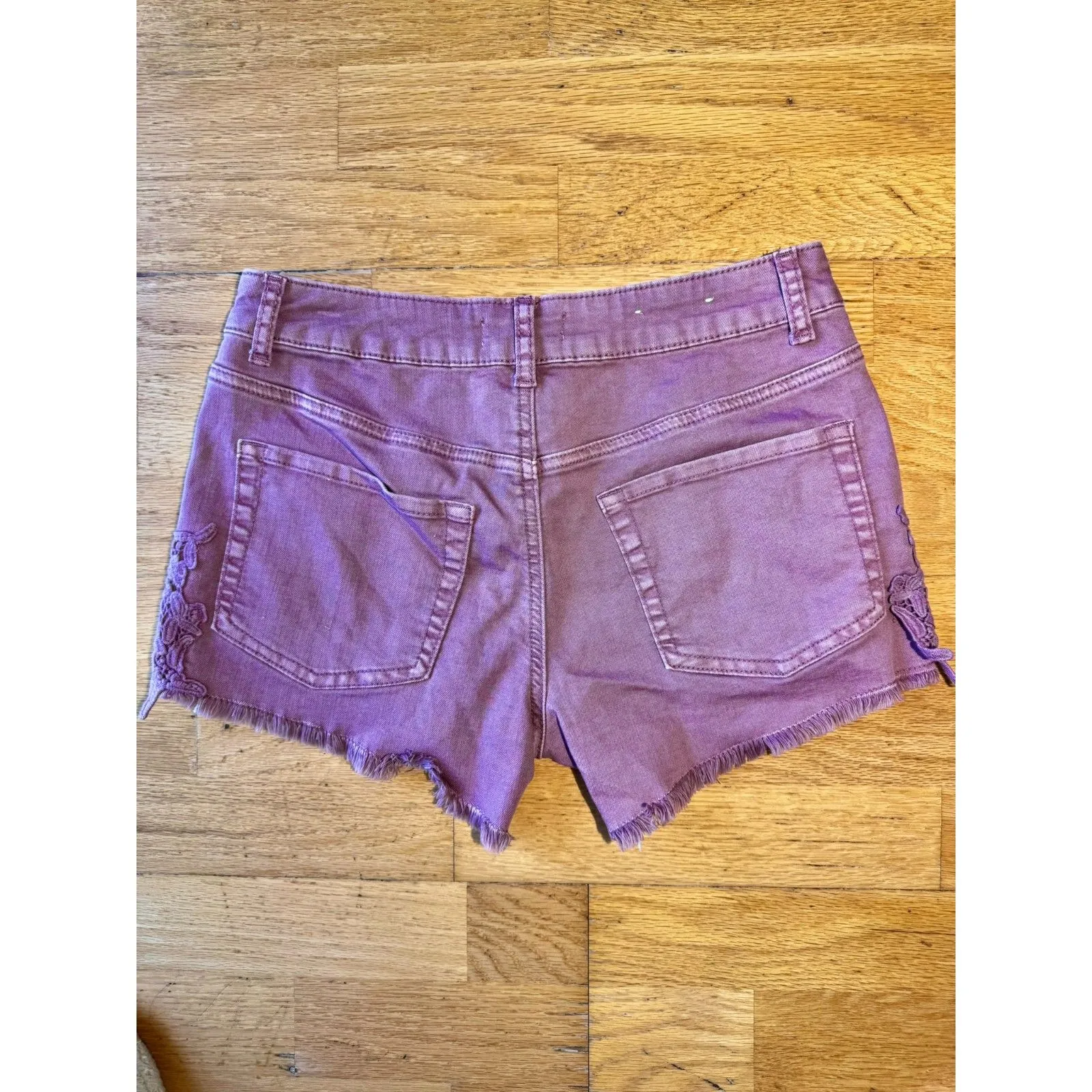 Altar'd State Women's Crochet Floral Boho Mauve Shorts with Frayed Hem Size 27 - Image 2