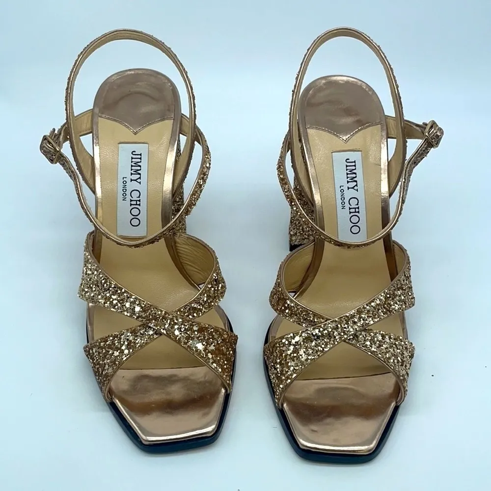 Jimmy Choo Gold Metallic glitter Joya Block heel strappy sandals 38 - Image 2