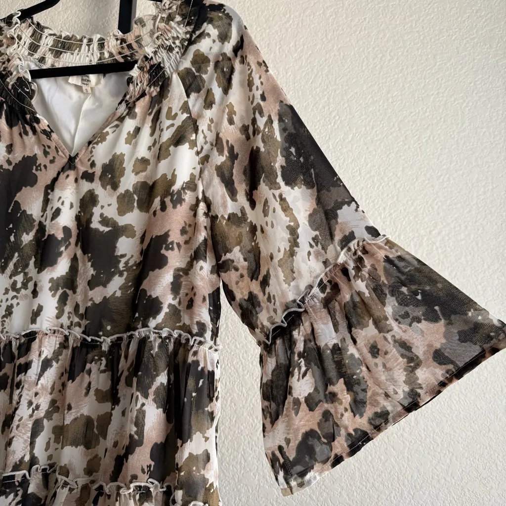 Oversized Smocked Peasant Blouse Size Small Sheer Lined Flowy Brown Boho Top - Image 3