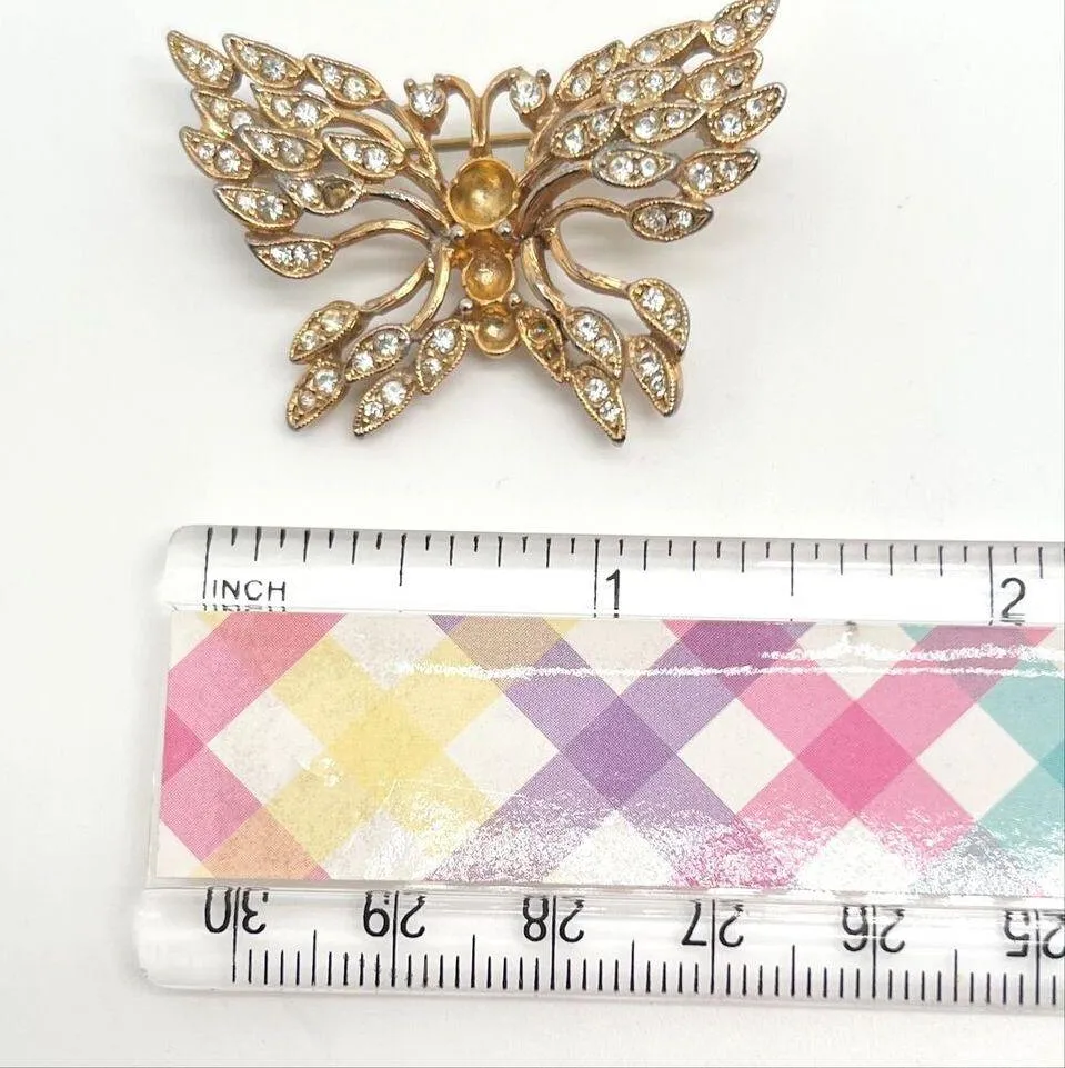 Vintage 80s Gold Tone Rhinestone Butterfly Brooch Pin - Image 3