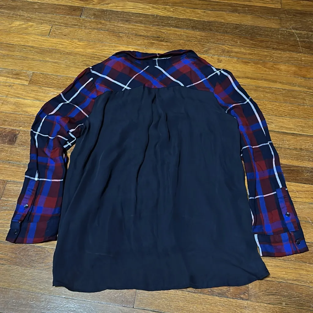 L'AGENCE “Denise” Multicolor Plaid High Low Button Front Top, Large - Image 6