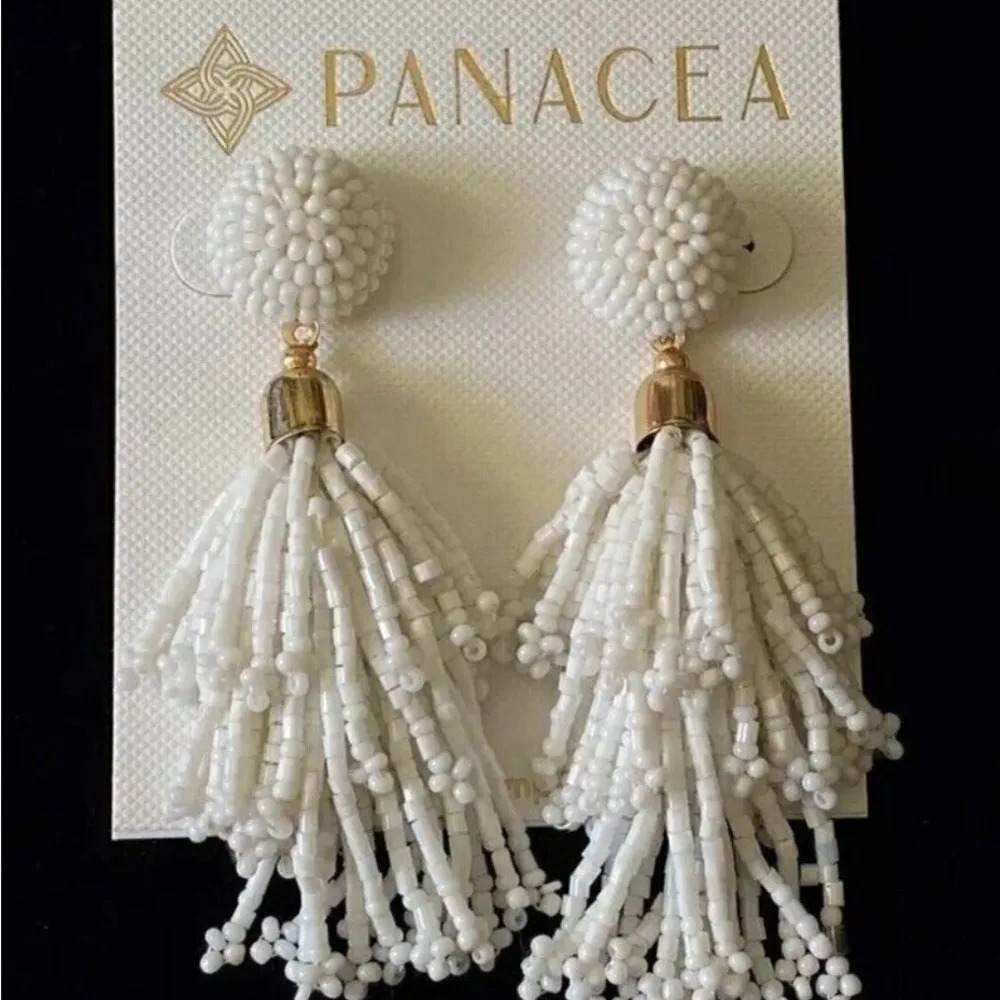 Panacea Anthropologie White Bead Tassel Earrings with Gold Accent - NEW - Image 3