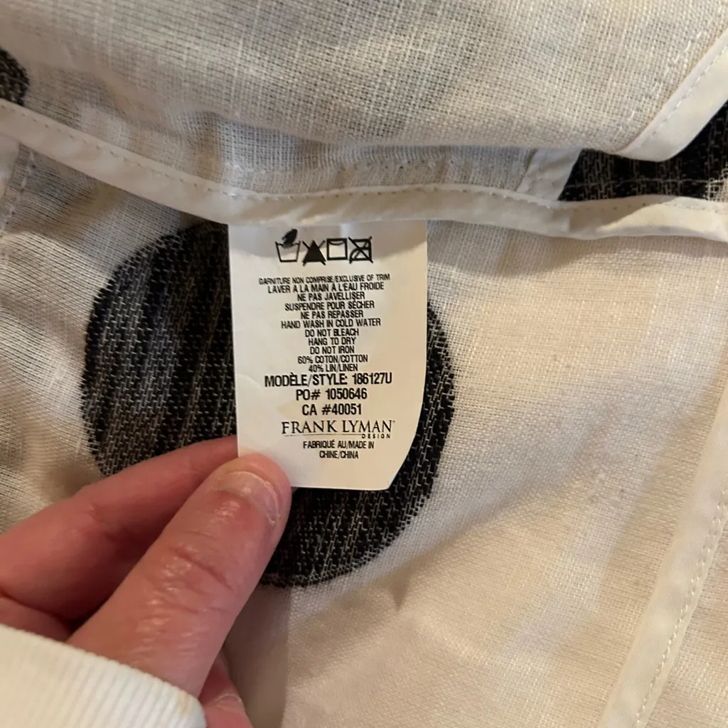 Frank Lyman Women’s Linen Blend Jacket White Black Polka Dots Frayed Hem Large - Image 6