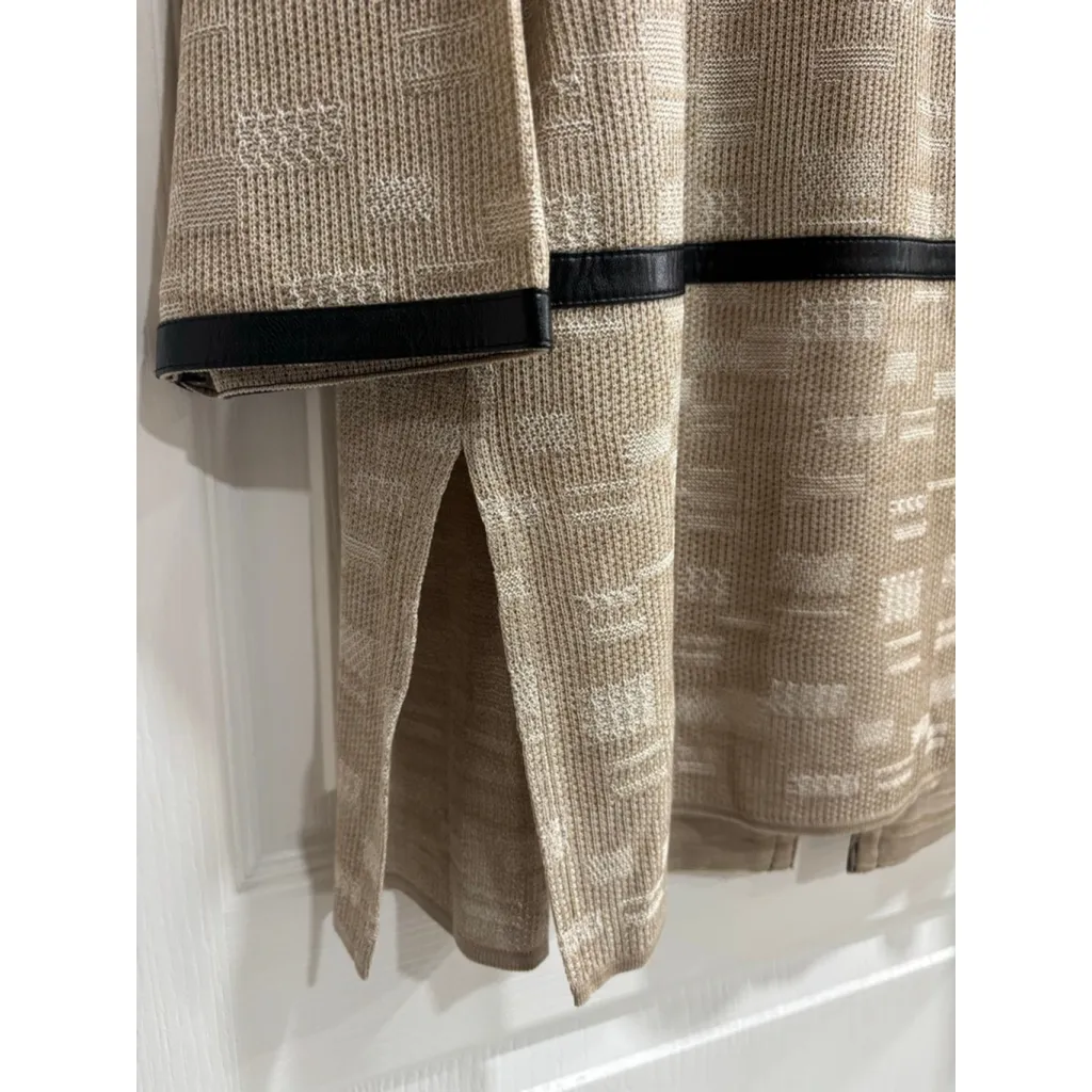 Women's MING WANG Cardigan Beige Knit, Faux Leather Trim, M/L - Image 5