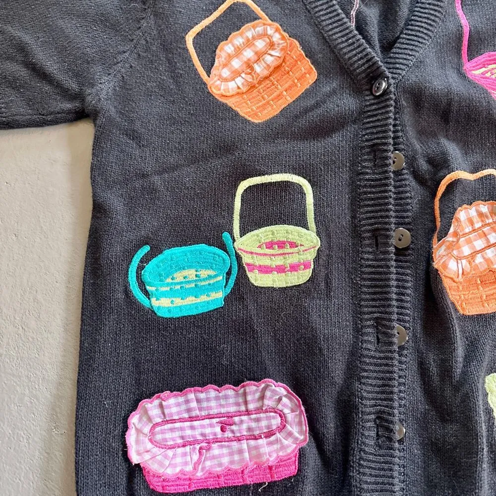 Vintage Terazzo Woven Basket Print Cardigan Cottagecore Sweater Size S - Image 3