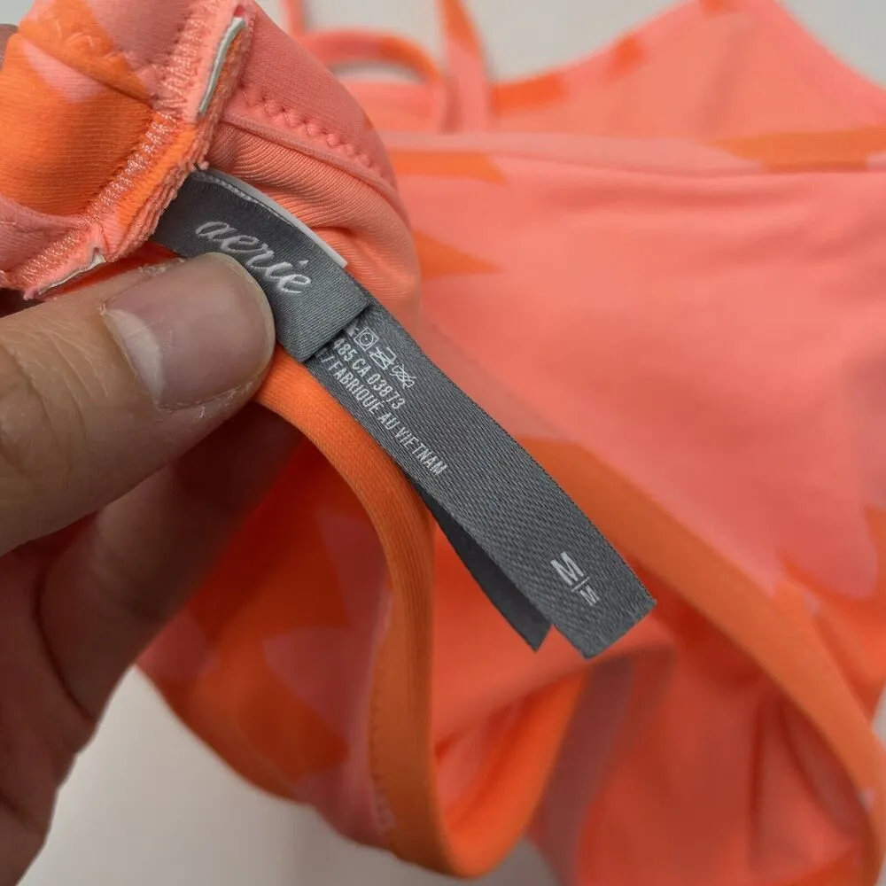 Aerie Size M Orange Coral Flower Print Tie Cross Back Swim Top - Image 4
