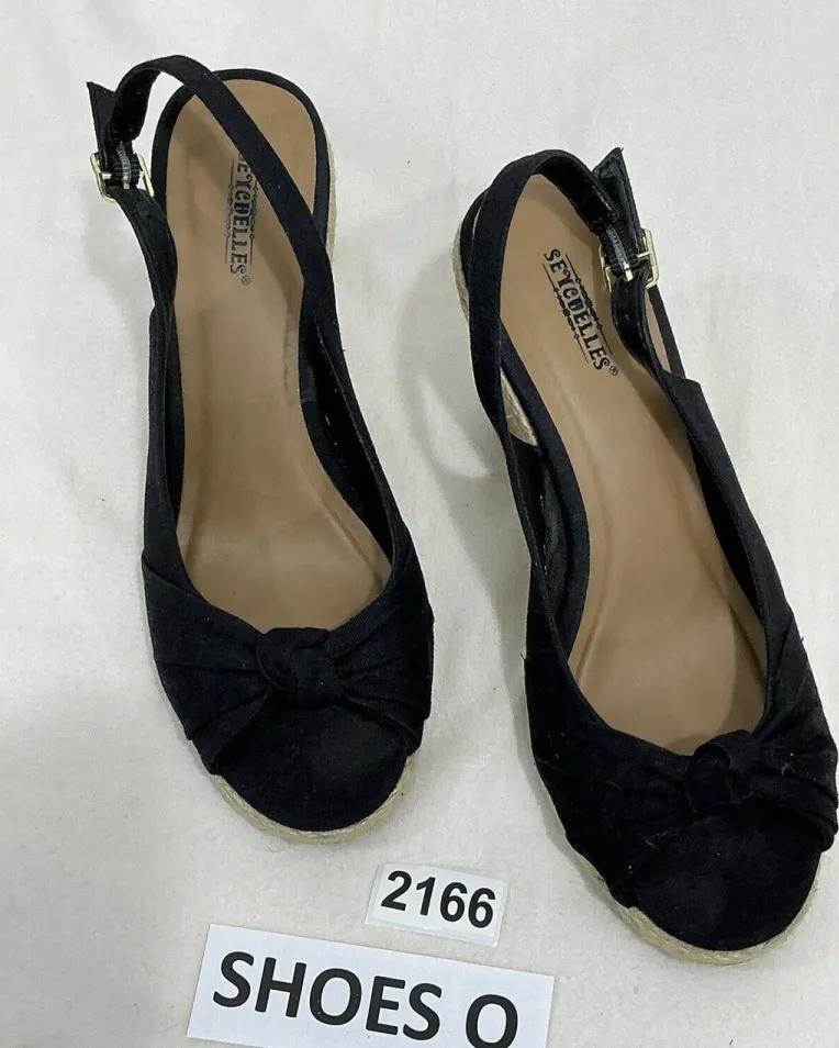 Womans Seychelles Willshire Wedge Black Fabric Peep Toe Cork Heel Sandal 8.5 M - Image 1