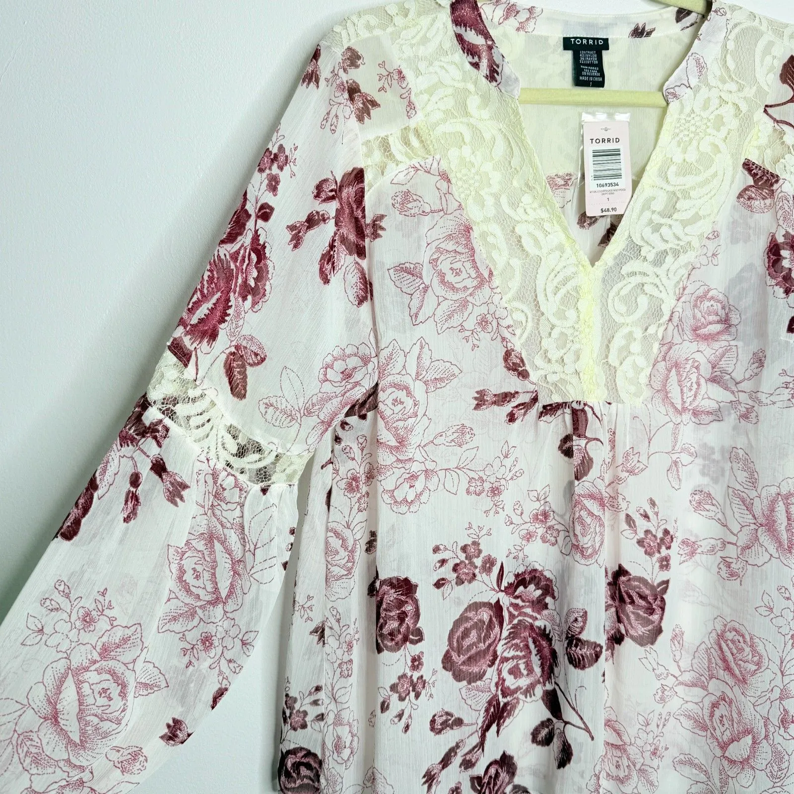 Torrid Floral Purple Rose Print Chiffon Lace Inset Womens Plus Top Blouse 1 (1X) - Image 10