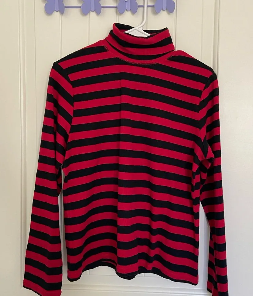 NWOT Rafaella women’s black red striped knit turtleneck stretch sweater large - Image 1
