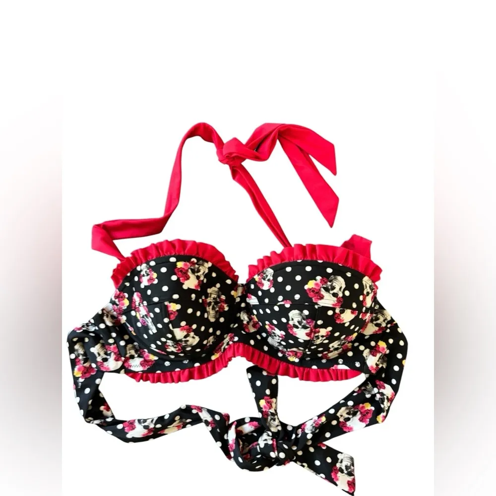 Hot Topic Polka Dot Rose Skull Bikini Sz XS Top M Bottom Black Red Ruffles Bows - Image 3