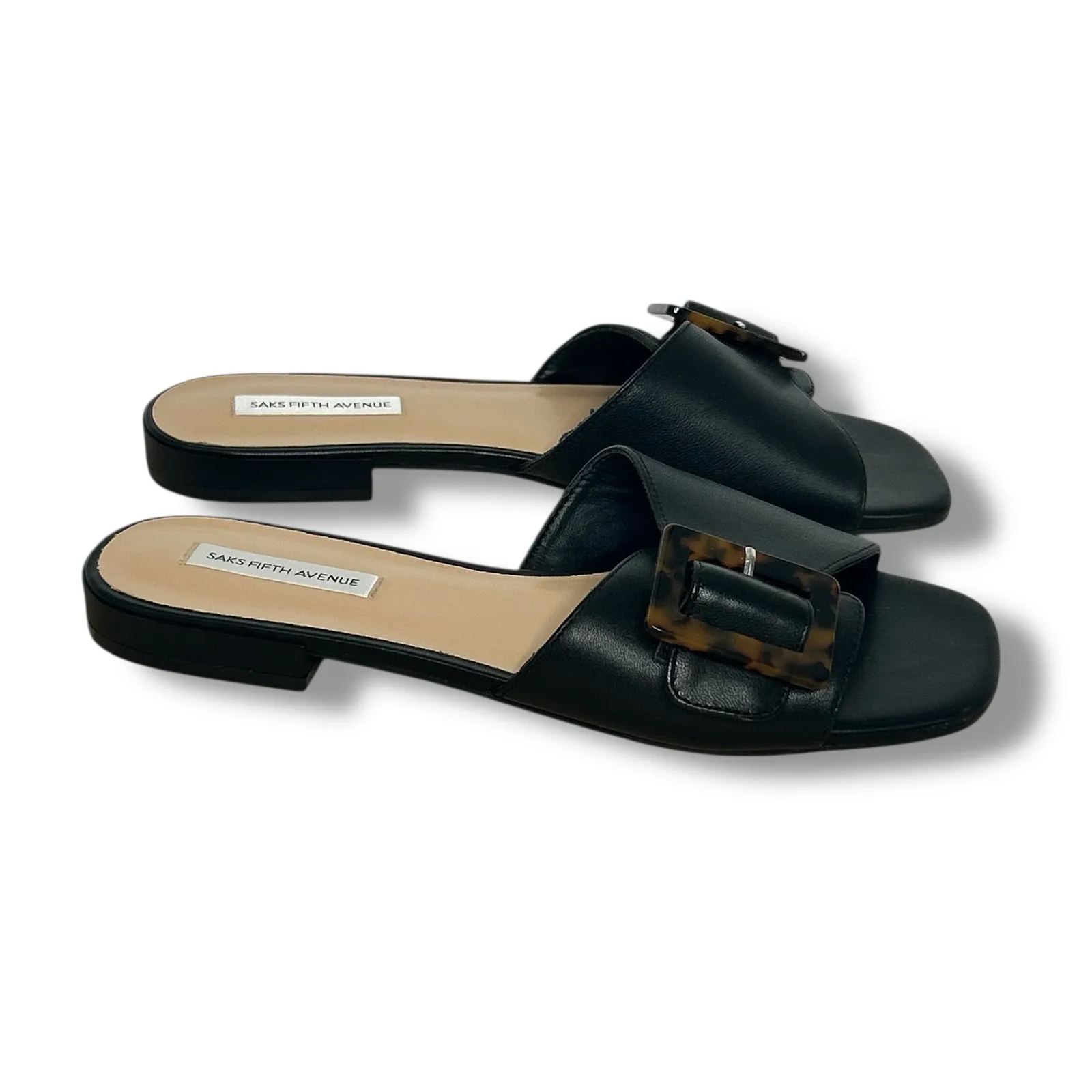 Saks Fifth Avenue Black Leather Flat Sandals Tortoise Buckle Size 8.5 - Image 3