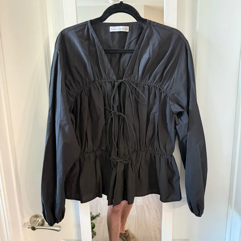 Faithfull the Brand Black Silk Cotton Tie Front Blouse Long Sleeve Size M (US 6) - Image 2