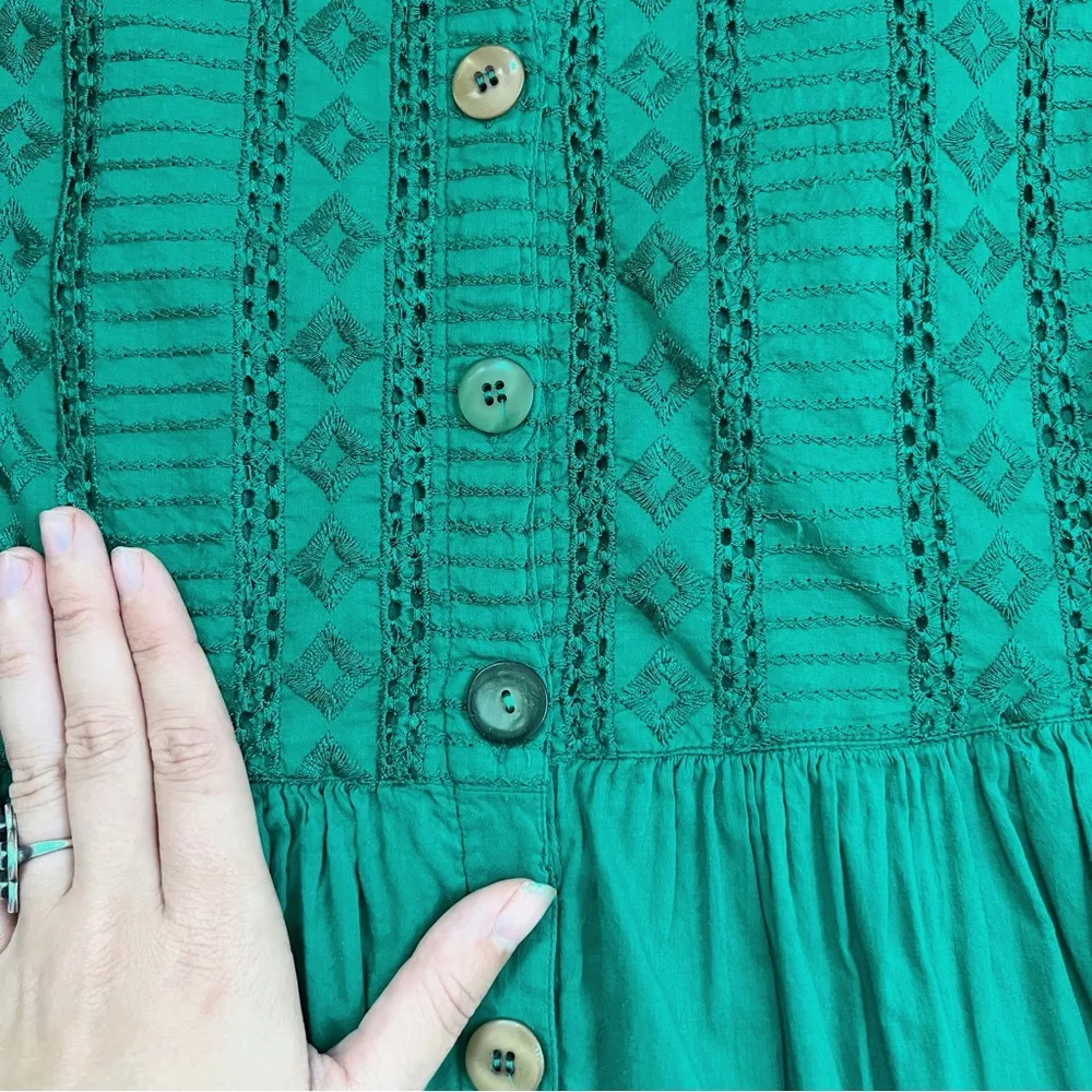 vintage • 90s Bryn Connelly green dress cotton emerald babydoll embroidered mini - Image 5