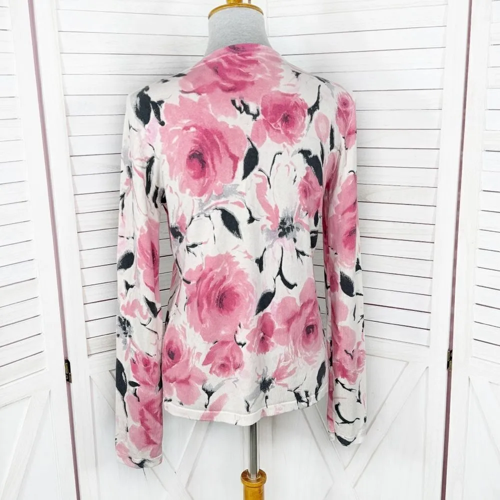 Jones New York Floral Silk Blend V Neck Cardigan Sweater‎ Cream Pink Medium - Image 4