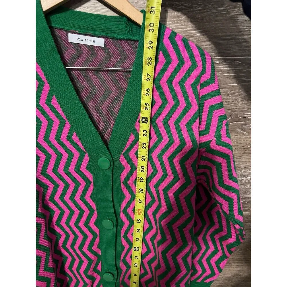 Qu Style Retro Funky Cardigan Sweater One Size Pink Green Contemporary Modern - Image 4