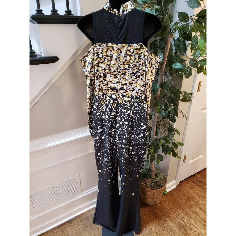 Chicme Jumpsuit Womens XL Black Polka Dot Mock Neck Lace Insert Cold Shoulder - Image 4