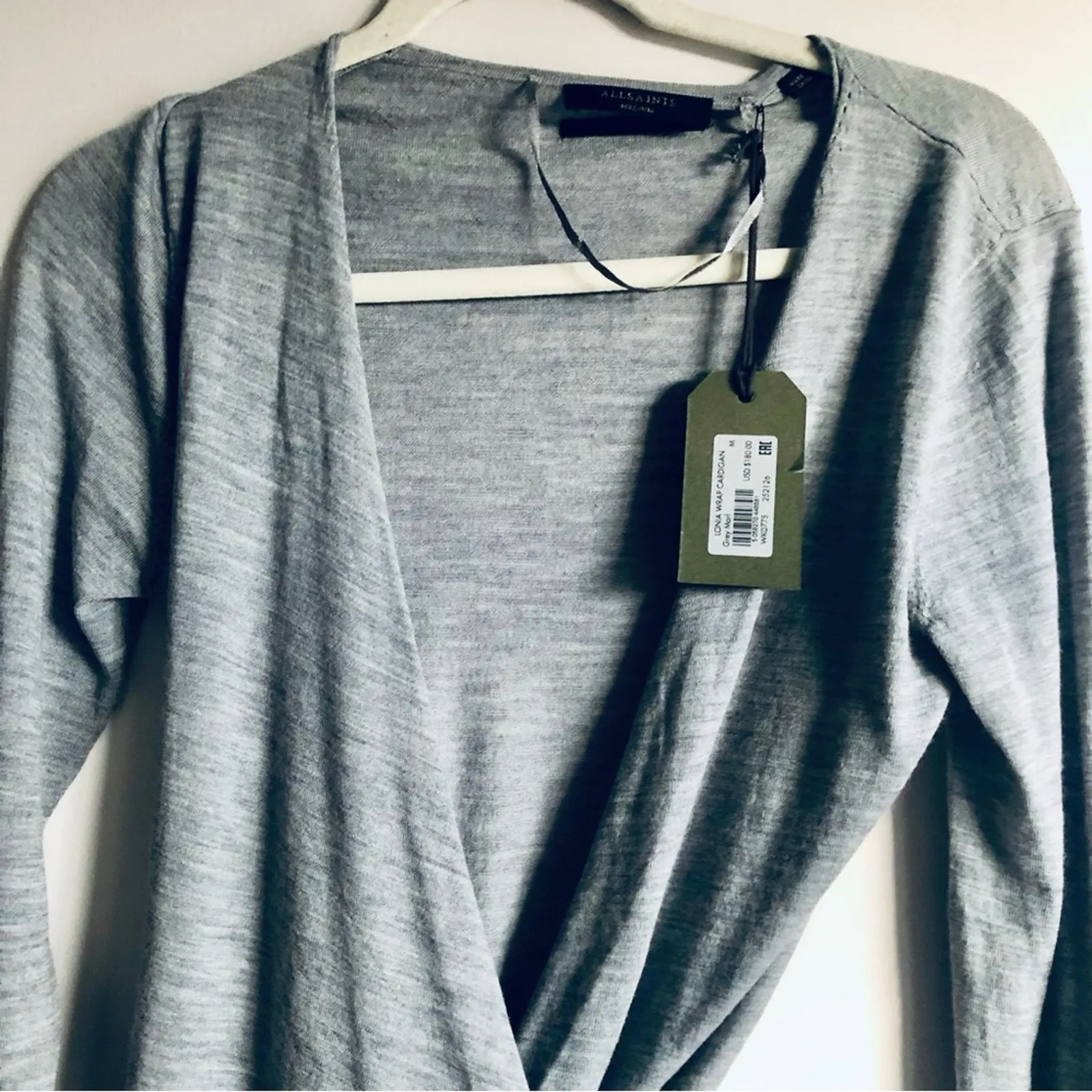 All Saints Lonia Merino Wool Heather Gray Wrap Cardigan Sweater Women Size M NWT - Image 4