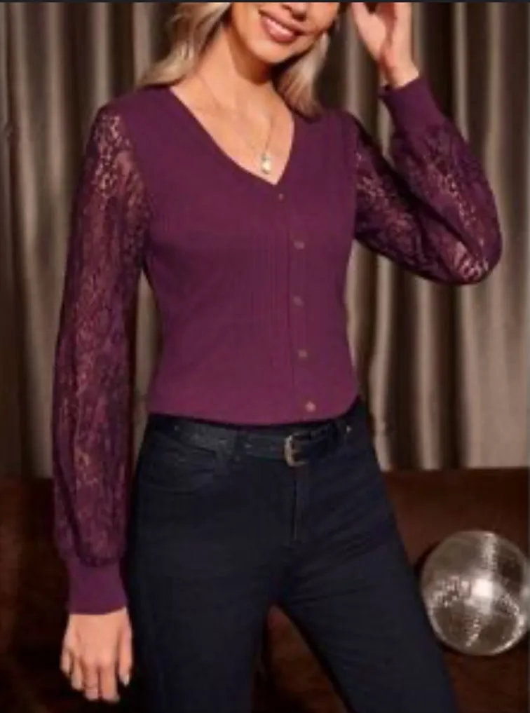 Soft Surroundings Women's Burgundy San Remo Lace Button Up Sweater Size Small - Image 1