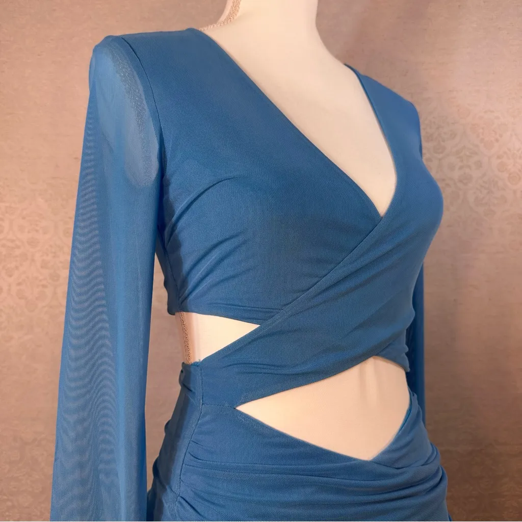 Tiger Mist Jossi Blue Mini Dress Size Small Cut-Out Sheer Long Sleeve Going Out - Image 11