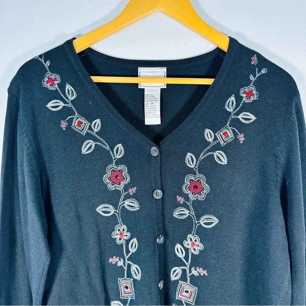 Vintage Retro Y2K Napa Valley Floral Embroidered Button Down Cardigan Sweater Black Size M - Image 2