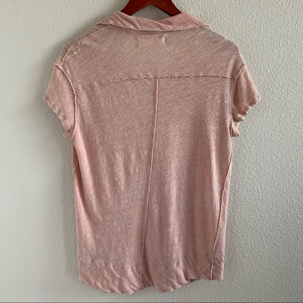 We the Free Free People The Posh Tee Pink Collar Linen Blend V Neck Top XS - Image 4