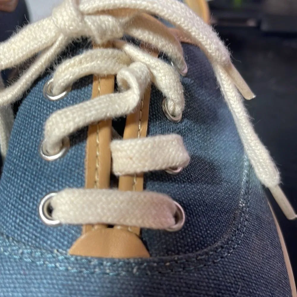 HOTTER Mabel M Width Preppy Blue Canvas Sneaker 9.5 Tan Leather Trim - Image 14